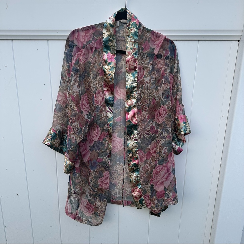 Vintage Victoria’s Secret Robe Kimono Gold Label Floral Pink Sheer Satin Short